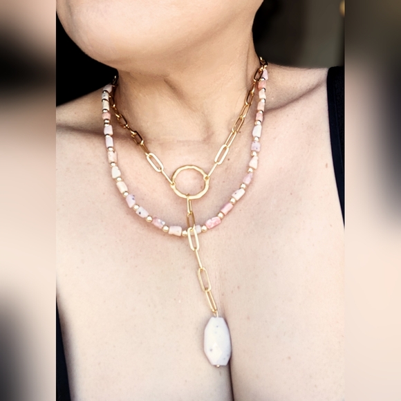 Natural Peruvian Pink Opal Beads & Pendant In Two Strand Paperclip Necklace - Picture 9 of 10